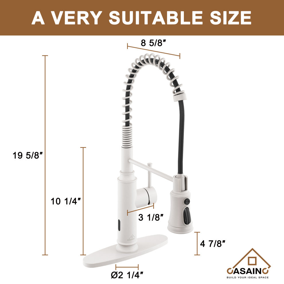 Single-Handle Spring Pull Down Sprayer Kitchen Faucet with Infrared Induction, Matte White