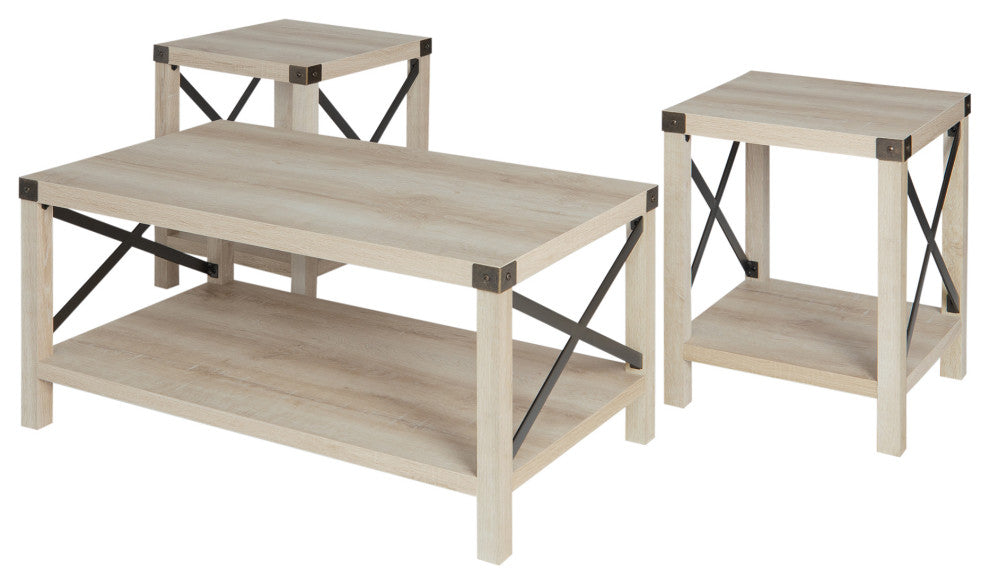 3-Piece Rustic Wood and Metal Accent Table Set - White Oak