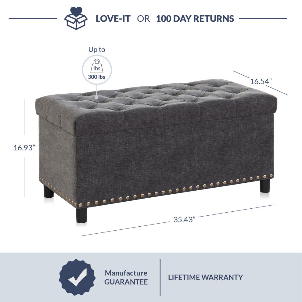 35" Storage Ottoman, Button-Tufted Linen Storage Bench - Dark Grey
