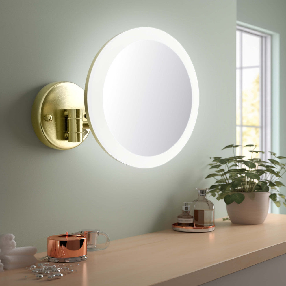Circular LED Wall Mount One Side 5x Magnifying Make Up Mirror, Brushed Gold