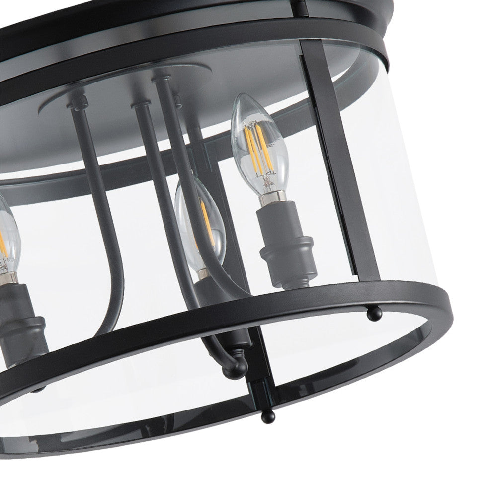 Matte Black 3-Light Candle Style Drum Shape Flush Mount Ceiling Lamp