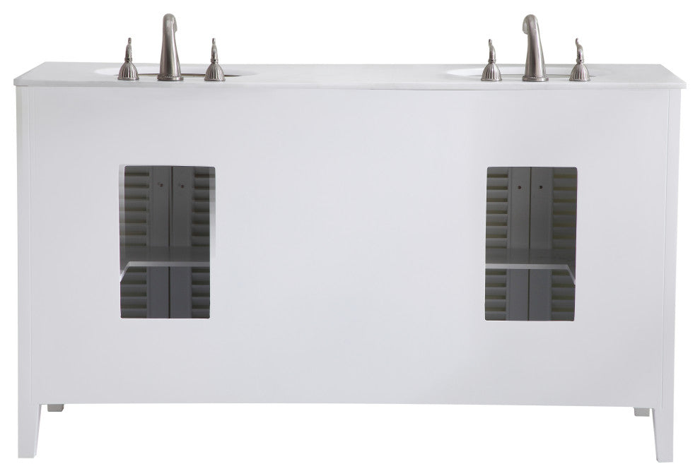 60" Double Bathroom Vanity, White With Ivory White Engineered Marble