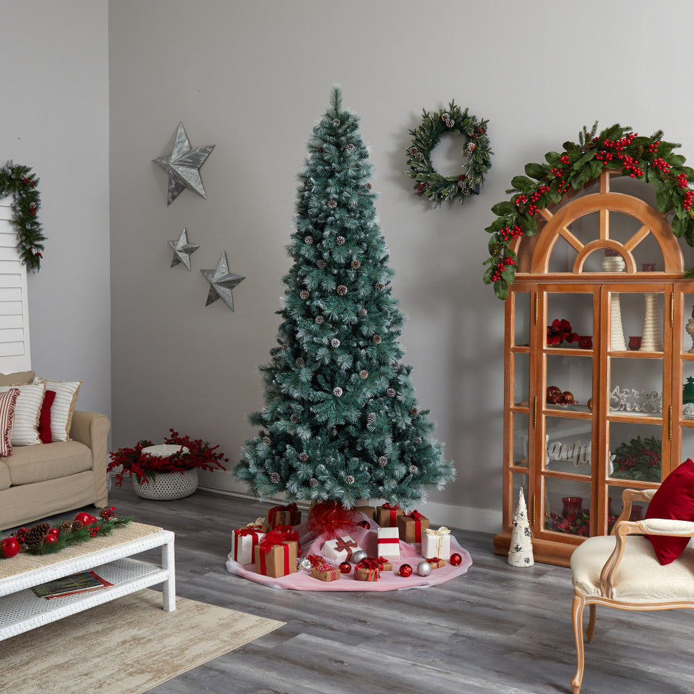 9' Frosted Tip British Columbia Mountain Pine Faux Xmas Tree W/Lights & Pinecone