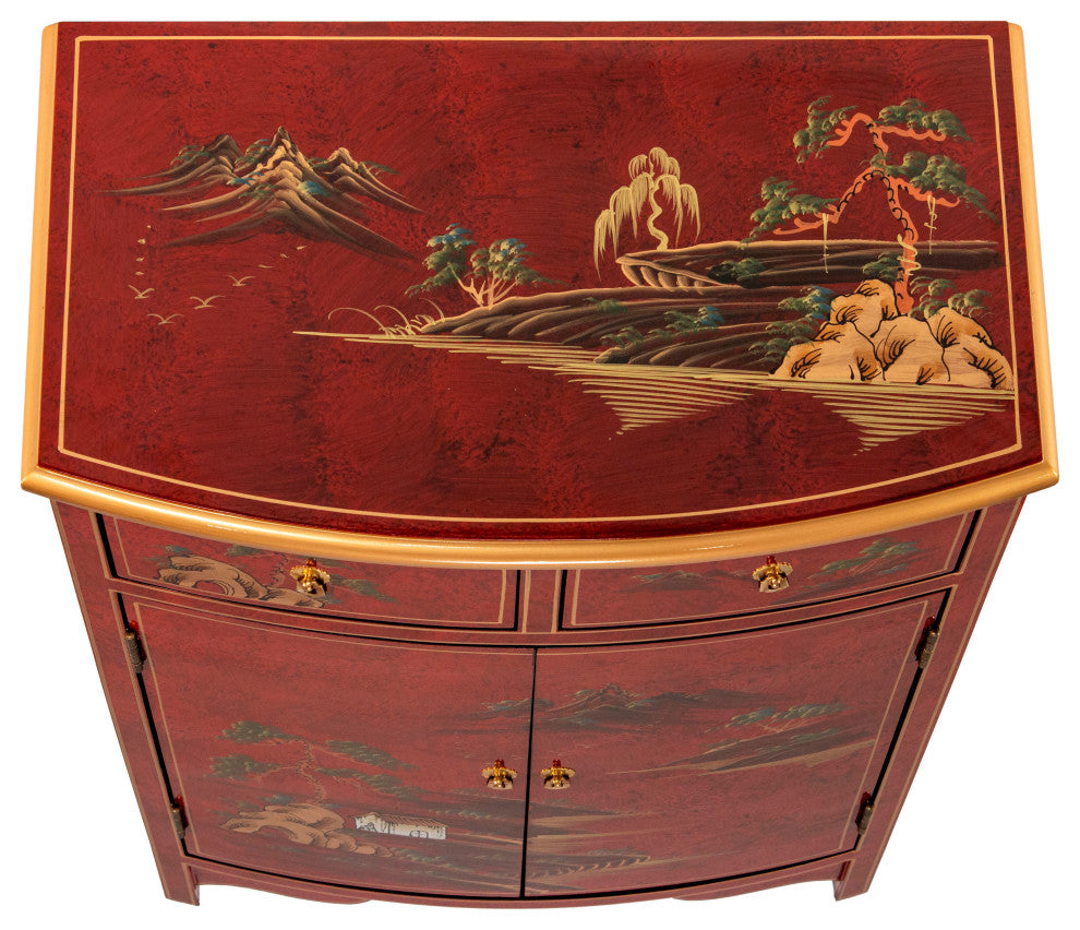 Red Lacquer Half-Round Cabinet Landscape