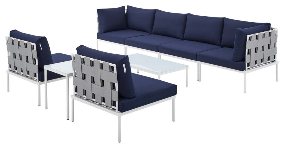 Sectional Sofa Chair Table Set, Sunbrella, Aluminum, Gray Blue Navy, Outdoor