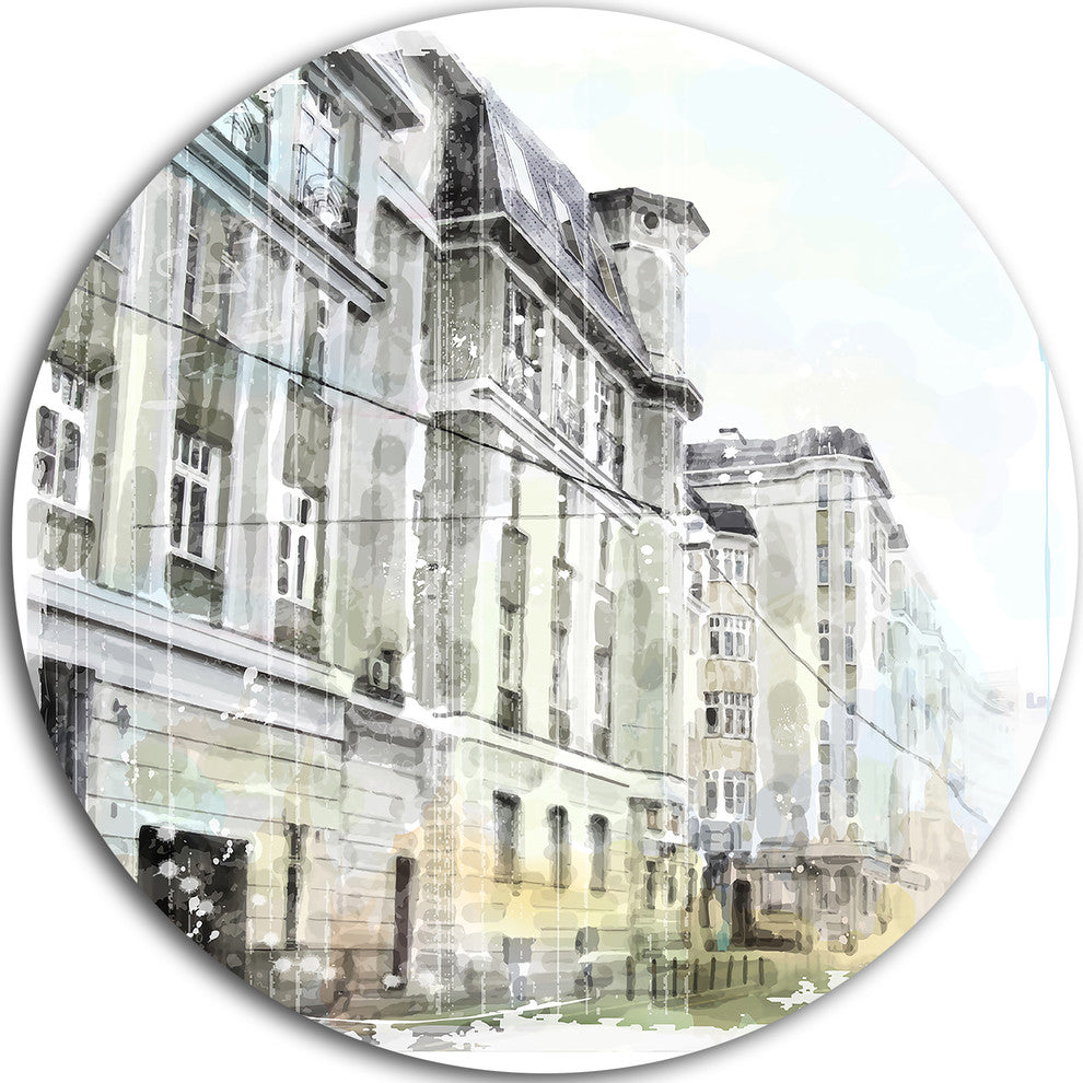 Watercolor Dark Illustration, Cityscape Round Metal Wall Art, 36"