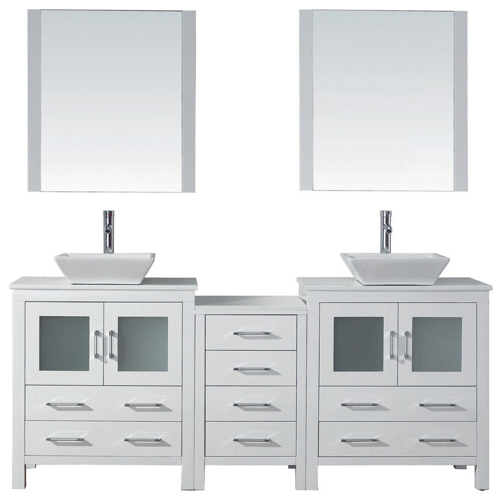Virtu Dior 78" Double Bathroom Vanity, White With Faucet and Mirrors