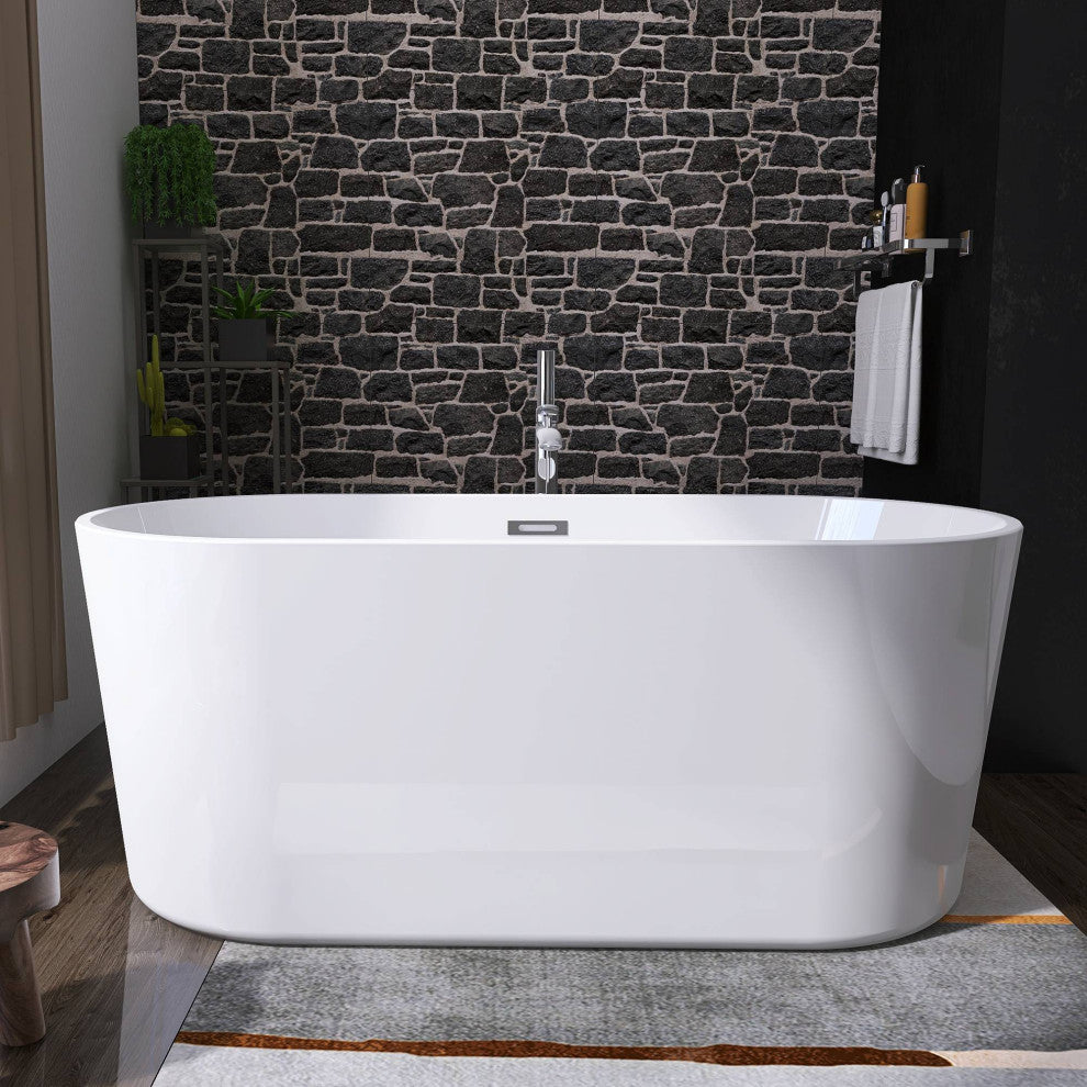 Oval Freestanding Acrylic Soaking Bathtub, Glossy White, 62"x30"