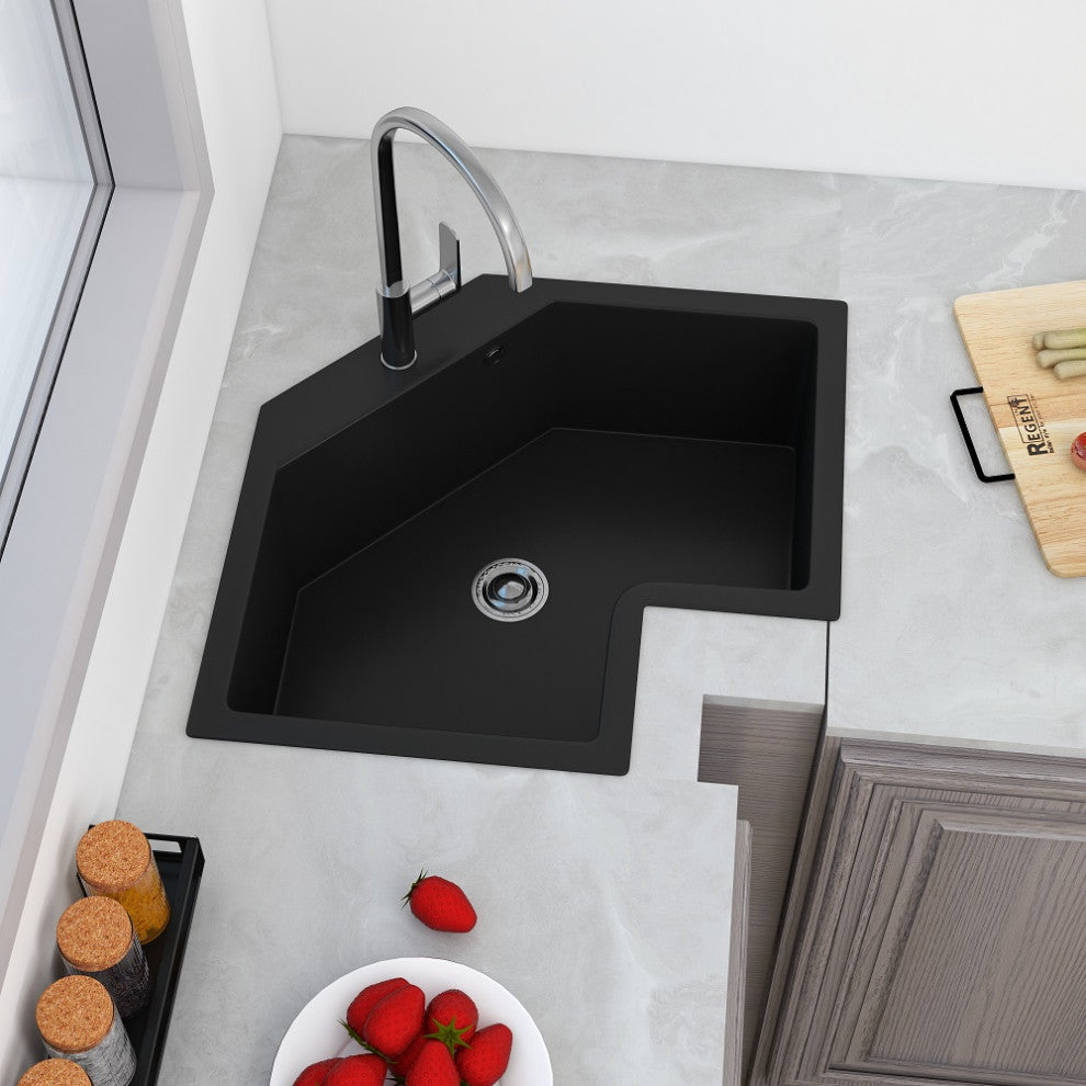 25" Drop In Corner Kitchen Sink Modern Single Bowl Quartz Irregular Sink, Black
