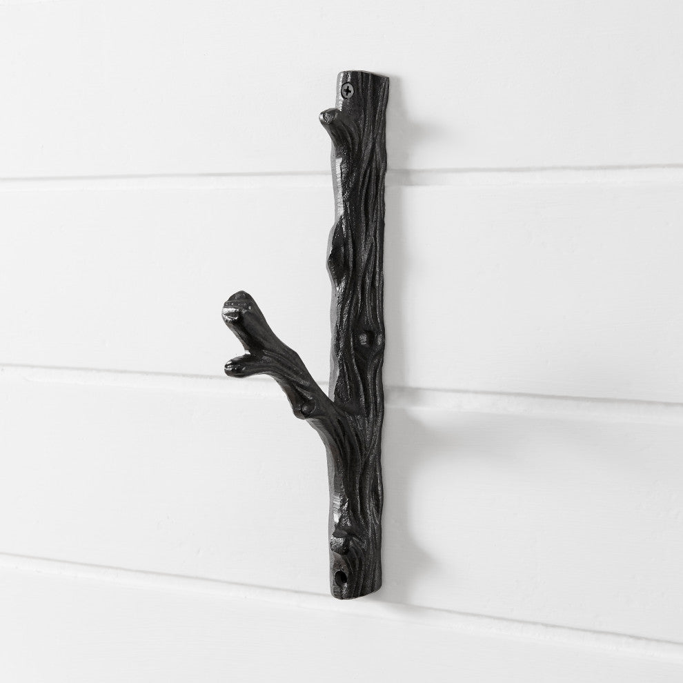 Brown Cast Iron Tree Branch Wall Mount Coat Hooks, Set of 2