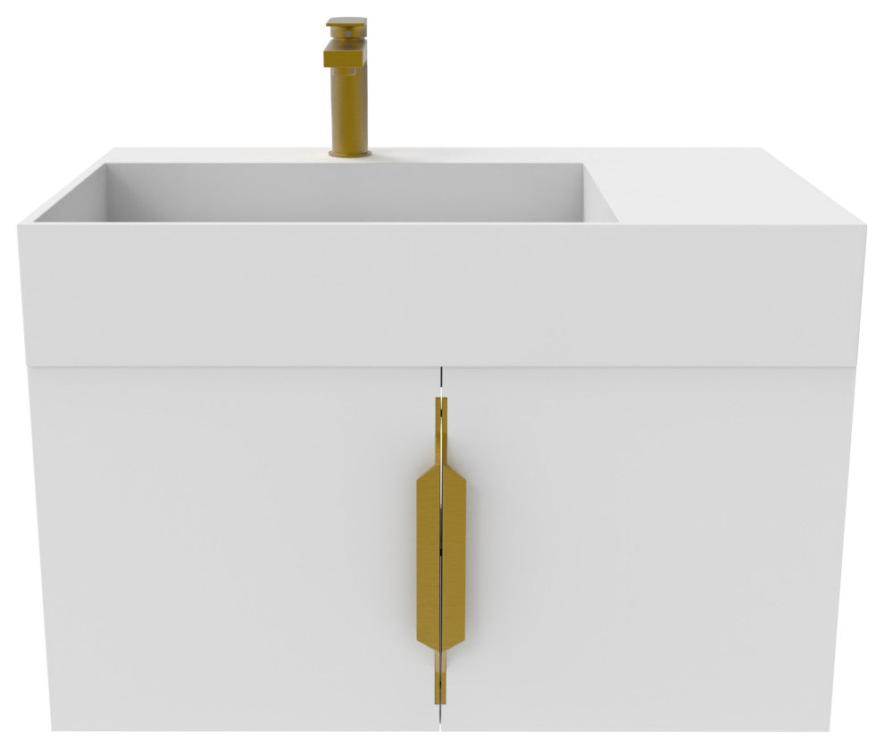 CastelloUSA Amazon 30" Left Wall Mounted Bathroom Vanity Set, White, White Top, Gold Handles