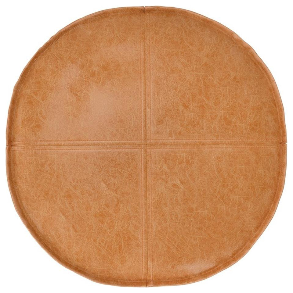Brody Boho Round Pouf in Distressed Brown Faux Leather