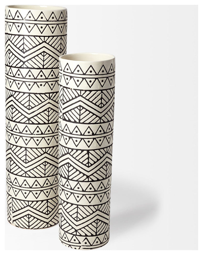 14" Black and Cream Tribal Geo Ceramic Vase