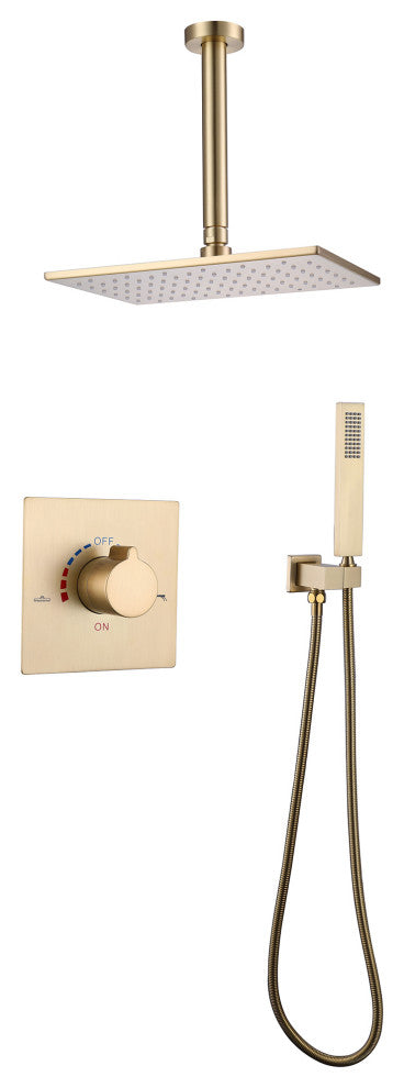 Ceiling Mounted Rain Shower System with Hand Shower-Includes Rough-in Valve, Brushed Gold