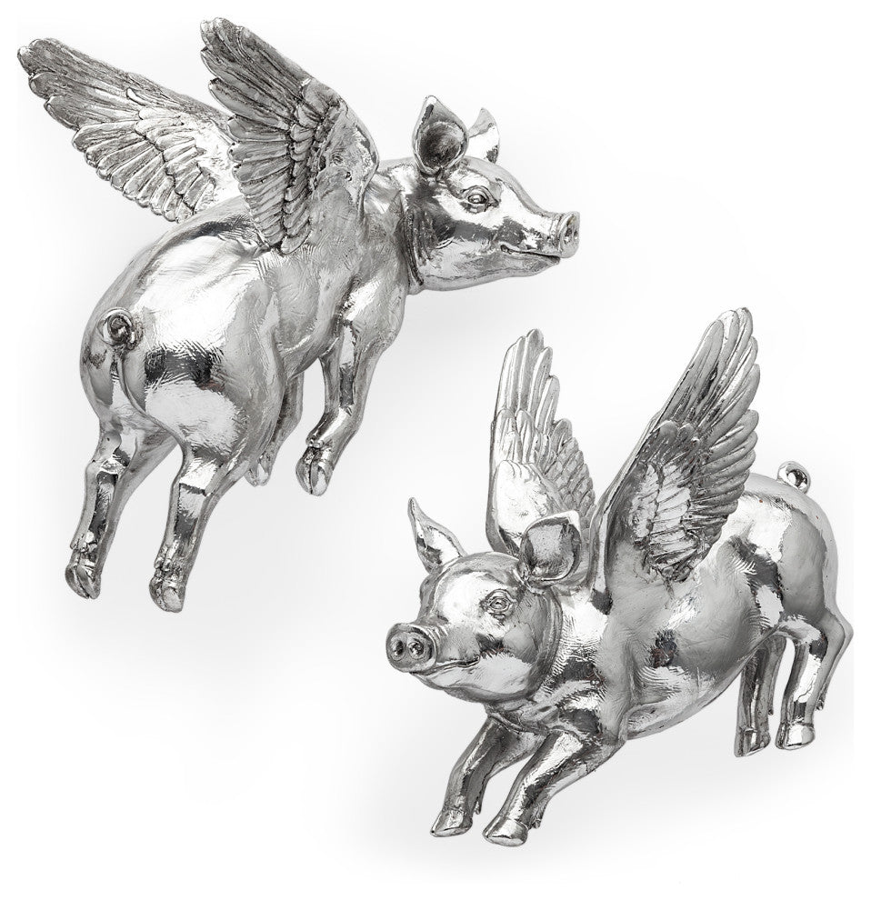 Hogbadi I White Resin Flying Pigs, Set Of 2, Silver