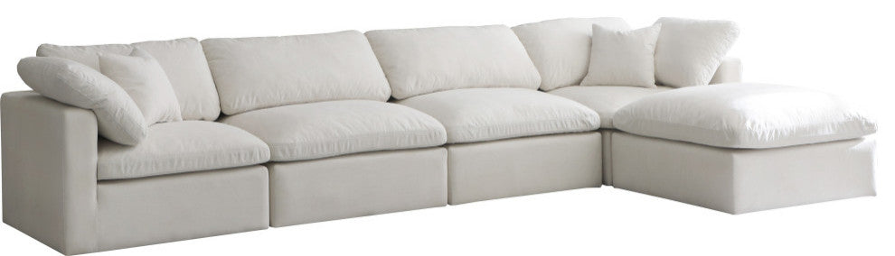 Plush Velvet / Down Standard Comfort L-Shaped Modular Sectional, Cream, 5-Piece: 2 Armless Chair, 2 Corner Chair, 1 Ottoman