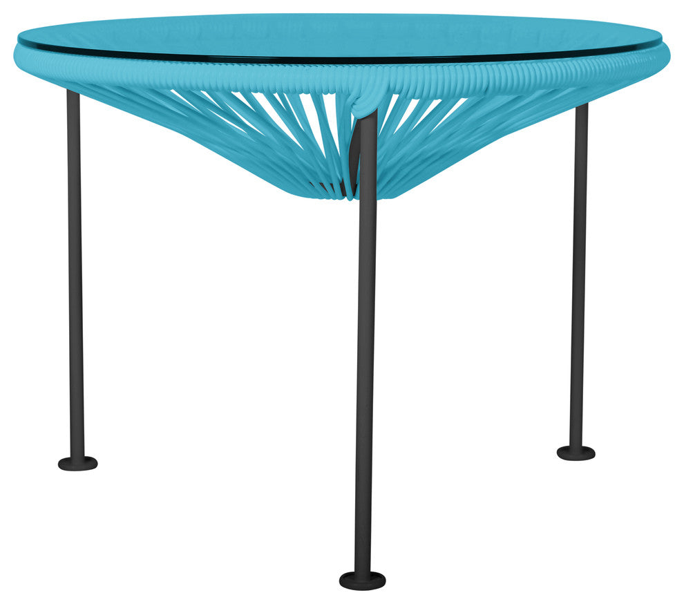 Zicatela Indoor/Outdoor Handmade Side Table, Blue Weave, Black Frame