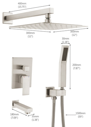 12" Wall Mounted Rainfall Shower System With Tub Spout, Brushed Nickel