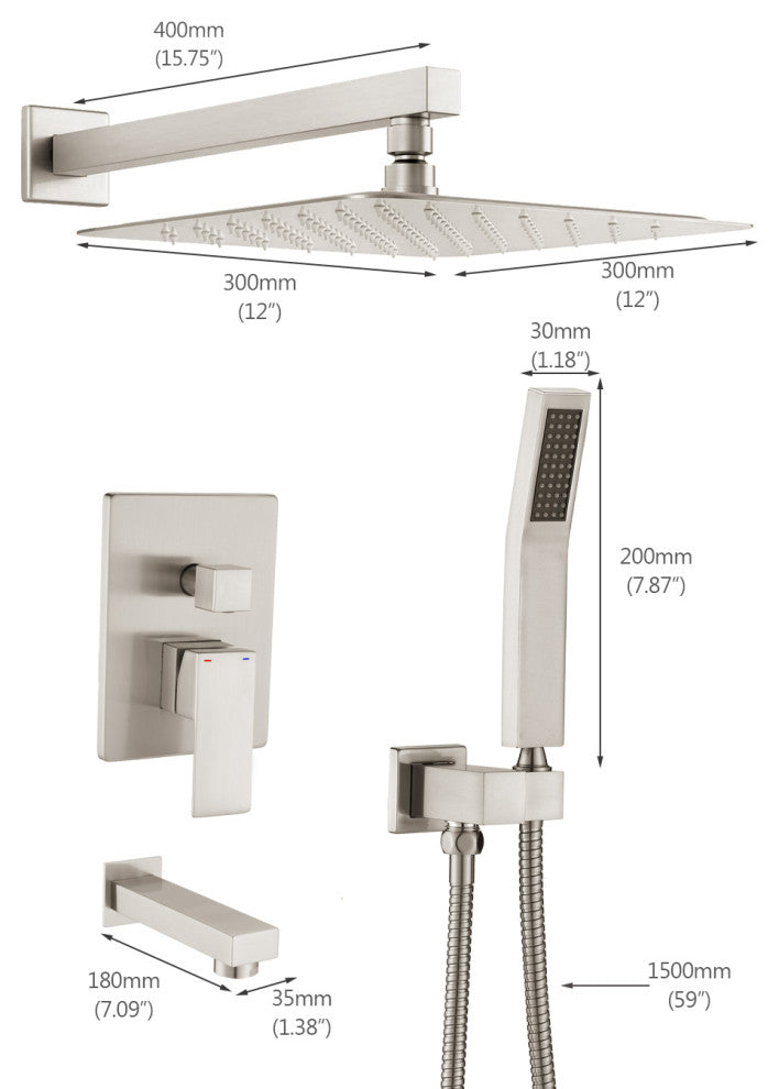12" Wall Mounted Rainfall Shower System With Tub Spout, Brushed Nickel
