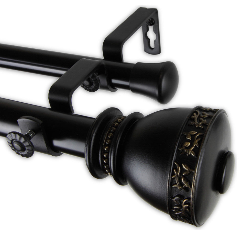 Kettle 1" Double Curtain Rod, Black, 120"-170"