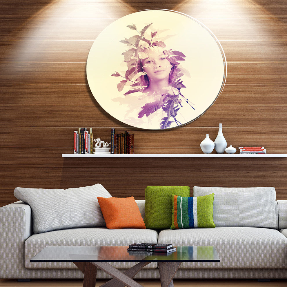 Woman Portrait With Leaves, Modern Portrait Round Wall Art, 11"