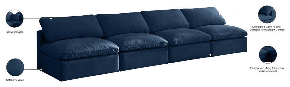 Plush Velvet / Down Standard Comfort Modular Sofa, Navy, 4-Piece: 4 Armless Chair