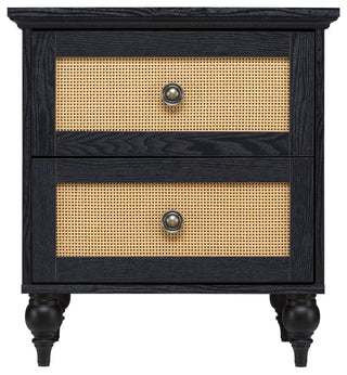 Transitional Coastal Nightstand, 2 Ample Drawers With Rattan Front, Black Finish