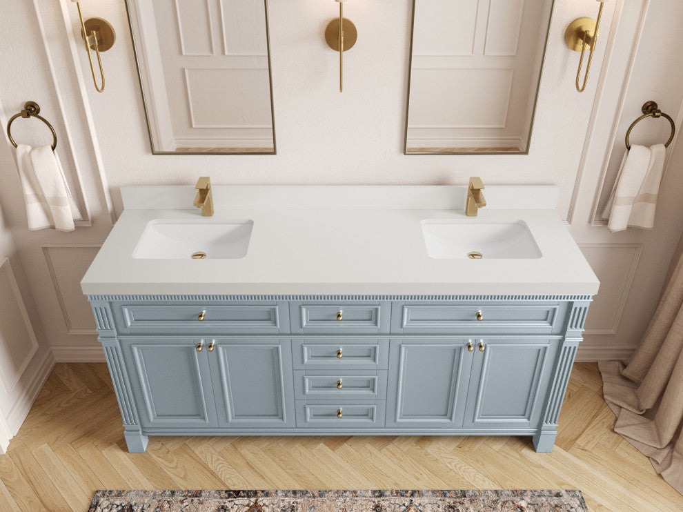 Paris 72" Double Sink Bathroom Vanity, Blue Heather 2" White Quartz