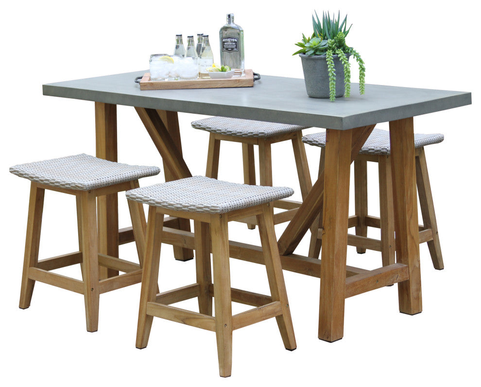 5-Piece Composite, Teak and Ash Gray Wicker Counter Height Dining Set