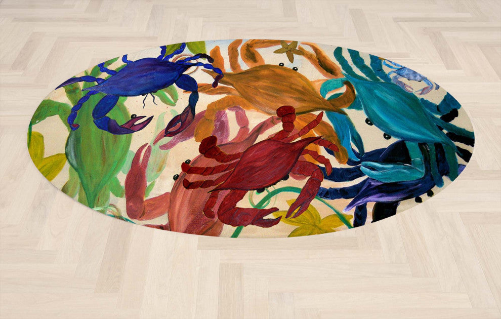 Sea life round chenille area rugs from my art. Approximately 60", Crab Party, Ro