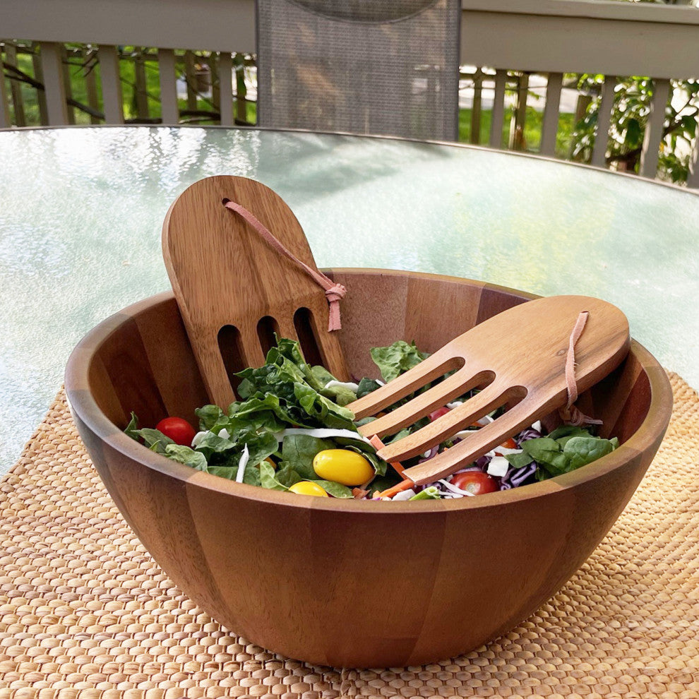 Acacia Salad Bowl With Salad Serving Hands