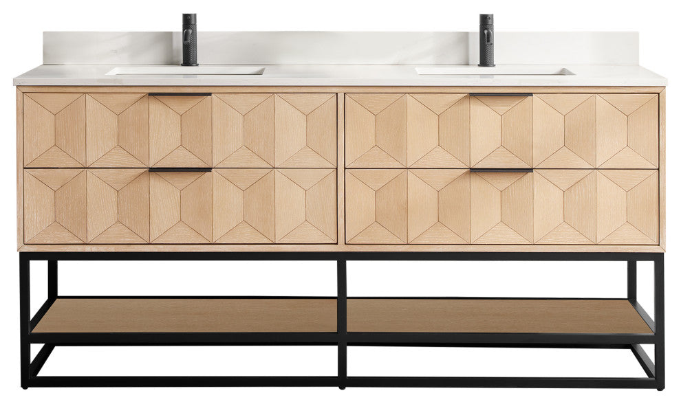 Milagro Bath Vanity With Top, Washed Ash Grey, Matte Black Base, 72", No Mirror