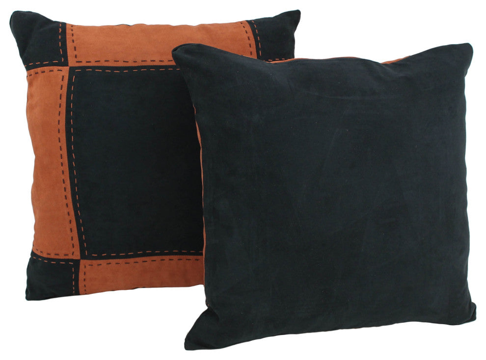 18" Patchwork Microsuede Square Throw Pillows, Set of 2, Black/Spice