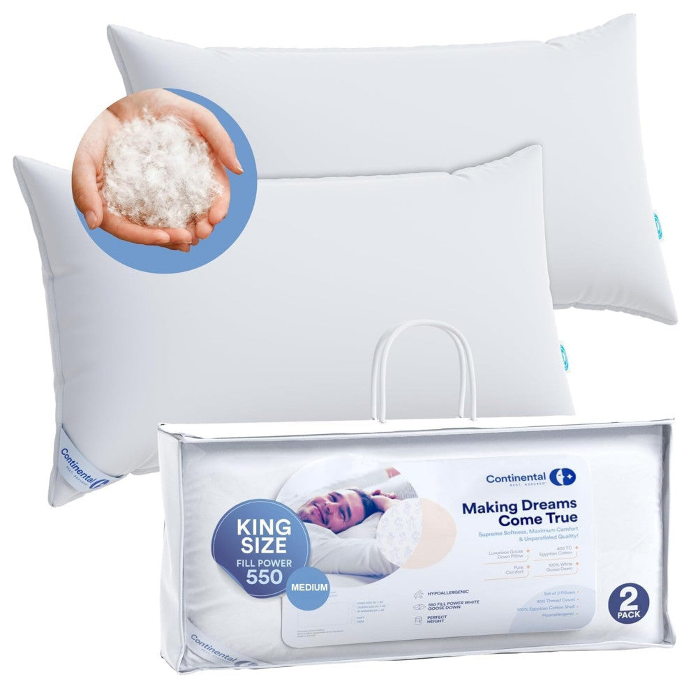 Continental Bedding - 550 Fill Power Down Pillow, King (Set of 2), Medium