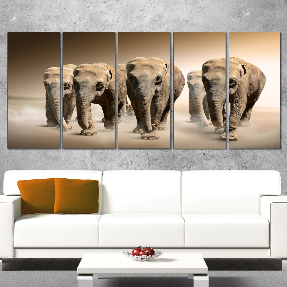 Walking Herd of Elephants, Animal Canvas Wall Art, 60"x28", 5 Panels