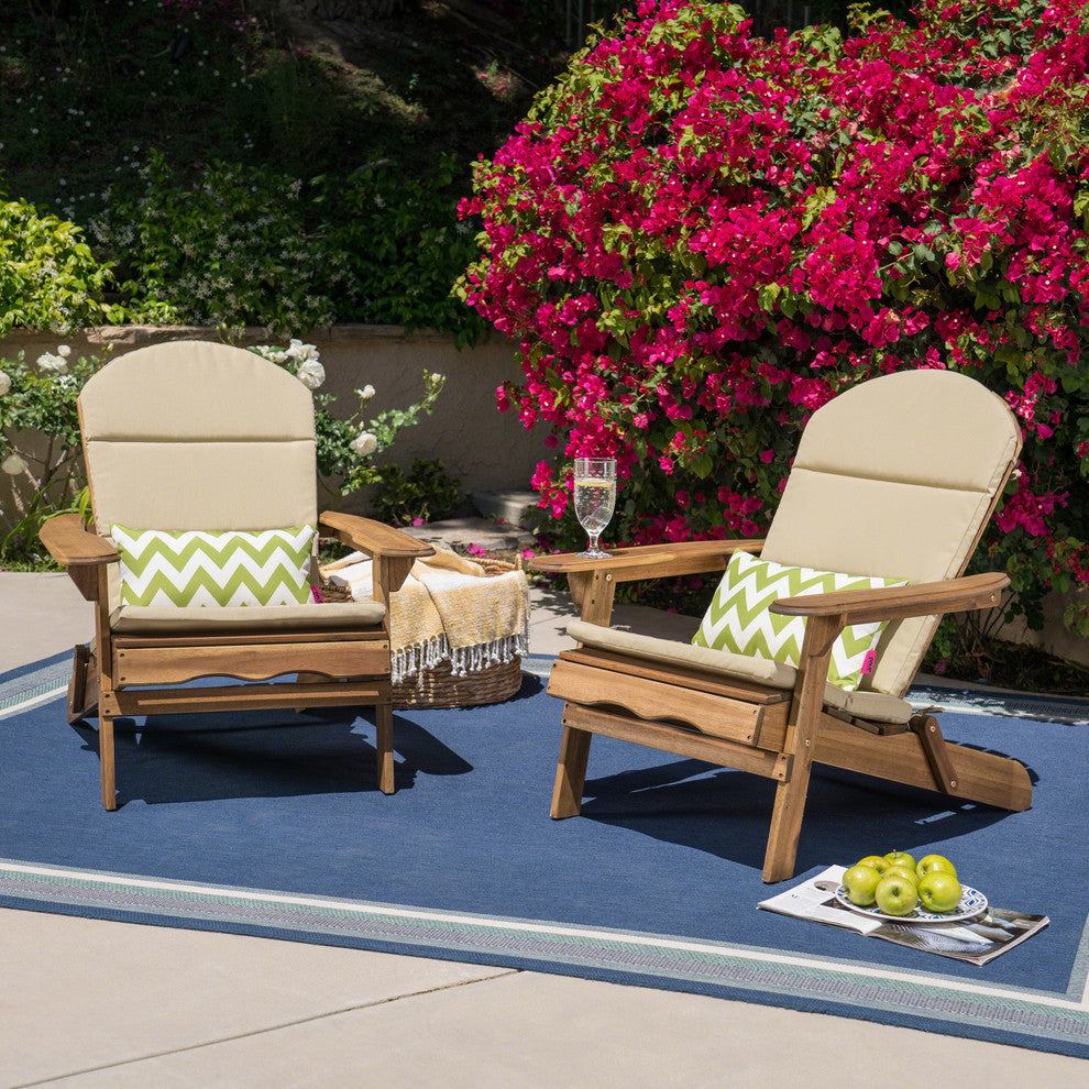 GDF Studio Outdoor Acacia Wood Folding Adirondack Chairs W/ Cushions, Set of 2, Khaki