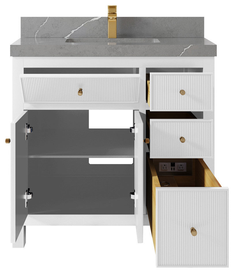 Sonoma 36 Center Sink Reeded Bath Vanity in White 2" Piatra Gray