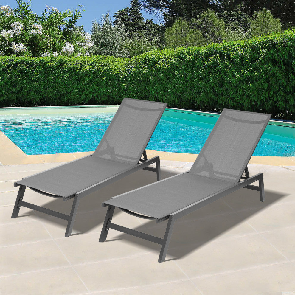Outdoor Chaise Lounge Chair Set With Cushions, Set of 2, Blue White