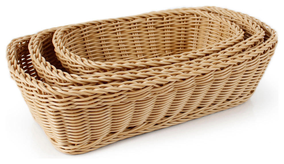 PLASKET Light Brown 3 Piece Rectangle Poly Wicker Basket Set
