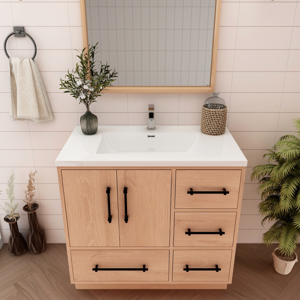 Victoria 36" Solid Wood Bath Vanity Right Side Drawers, Red Oak