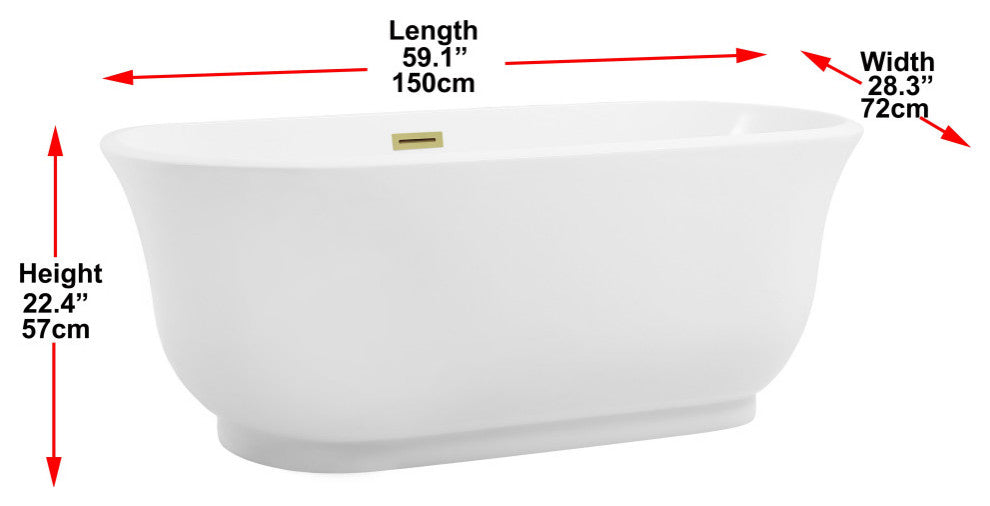 Charlie 59" Soaking Bathtub, Glossy White With Brushed Gold Trim