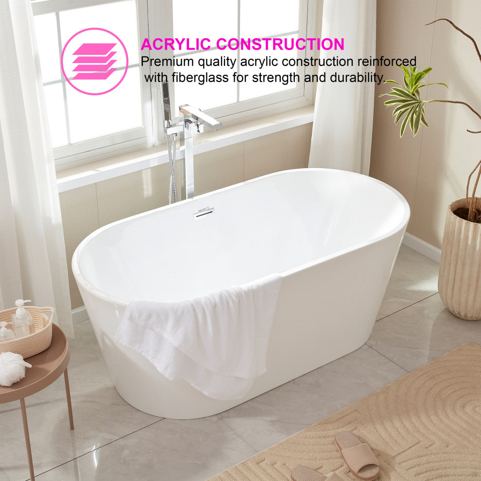 Freestanding Acrylic Bathtub, White/Polished Chrome, 54"