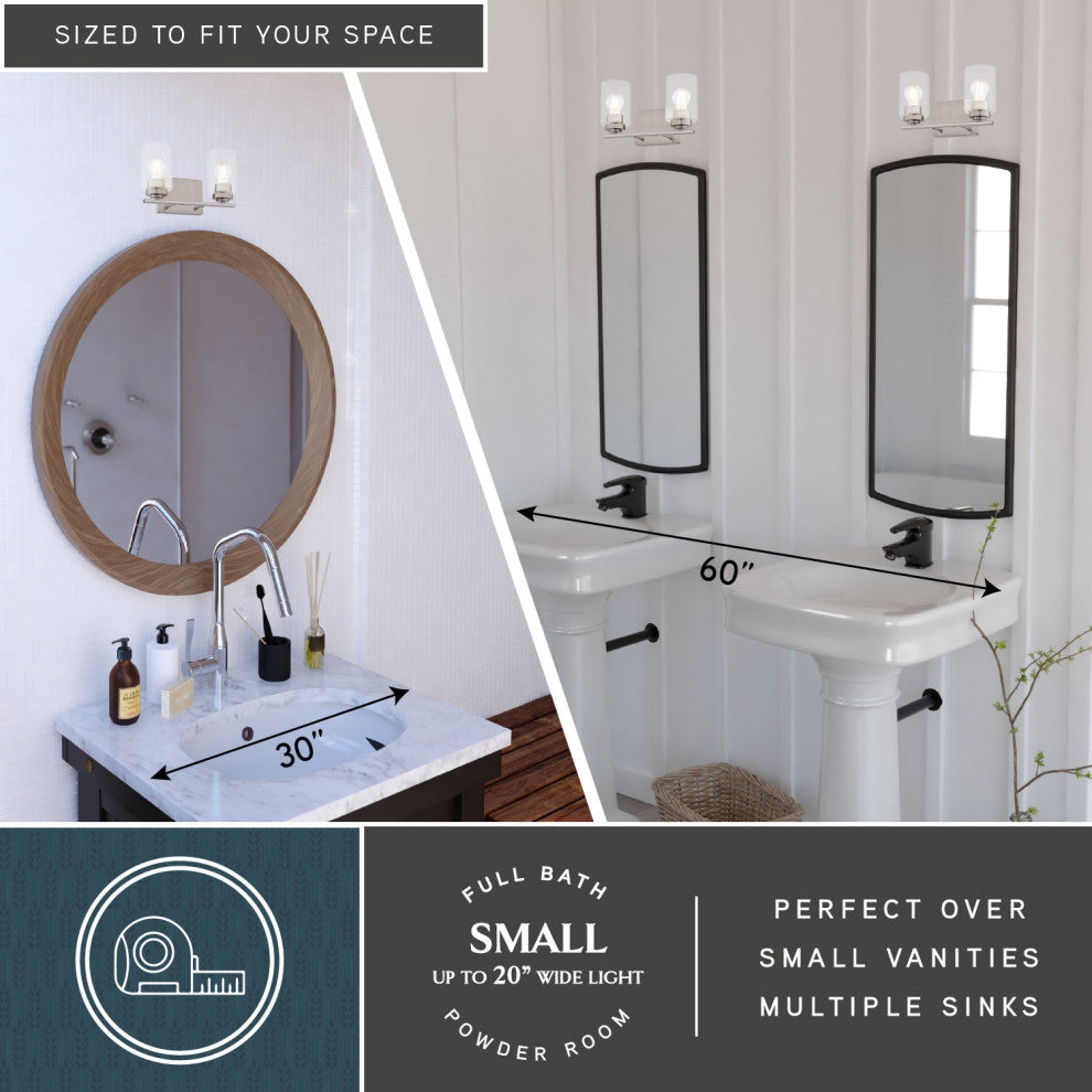 Park Ridge 4.75" 1-Light Black Bathroom Vanity Fixture, Clear Glass Shade, Satin Nickel, 2-Light