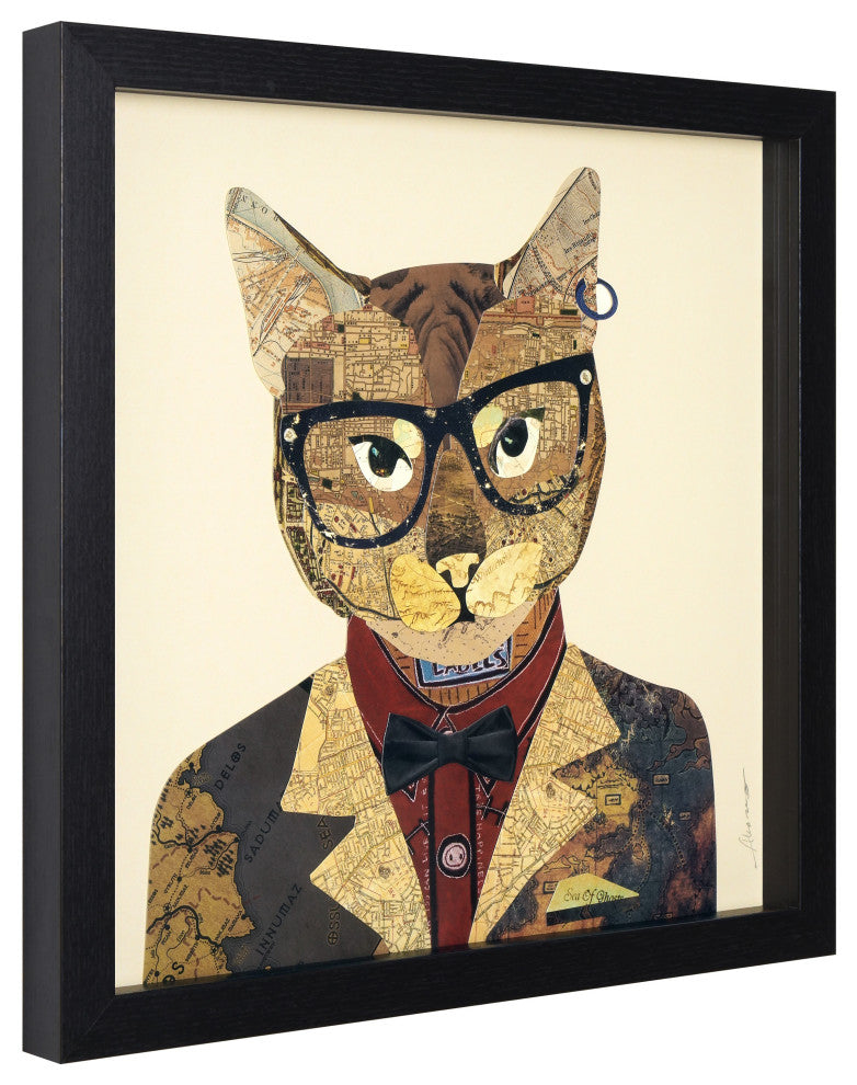 Funky Cat Dimensional Handmade Collage Wall Art Framed Under Glass