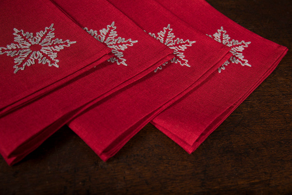 Glisten Snowflake Embroidered Christmas Napkins, Red, 20"x20", Set of 4