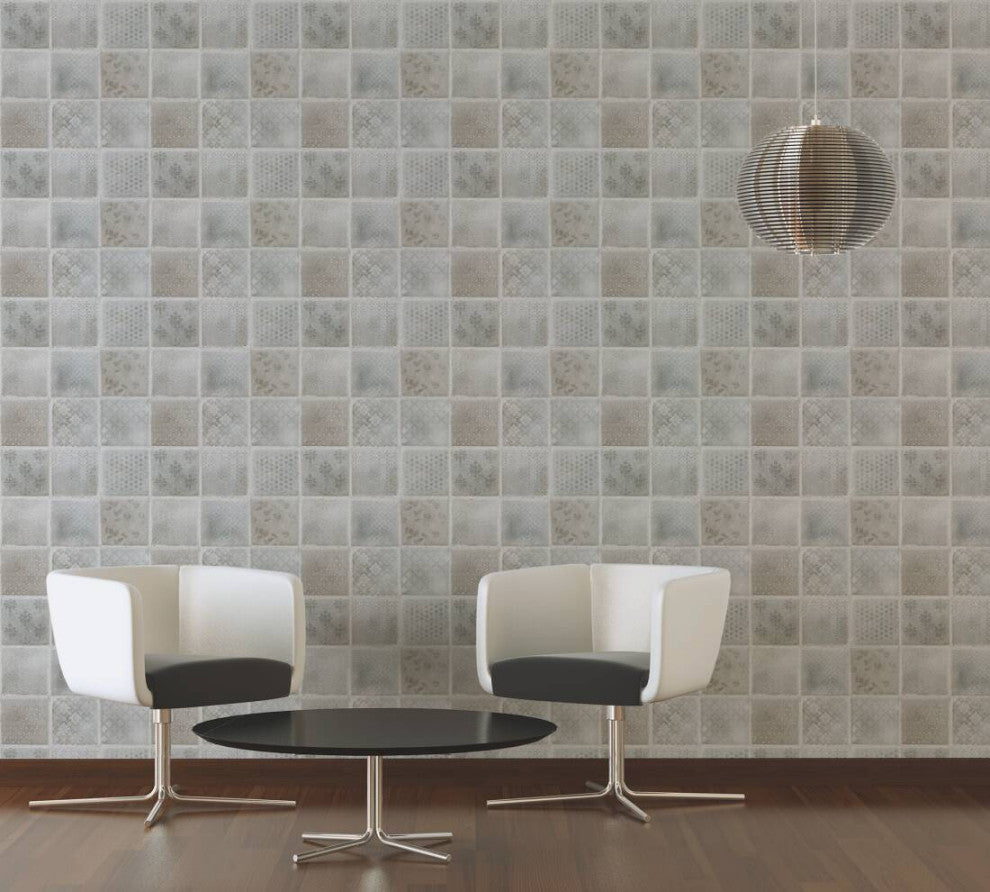 Textured Wallpaper, Flower Ornaments, Brown Gren Silver, 1 Roll