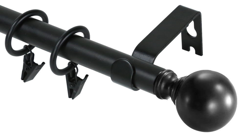 Ball Adjustable Single Curtain Rod Set With Rings, 5/8", Black, 28"-48"
