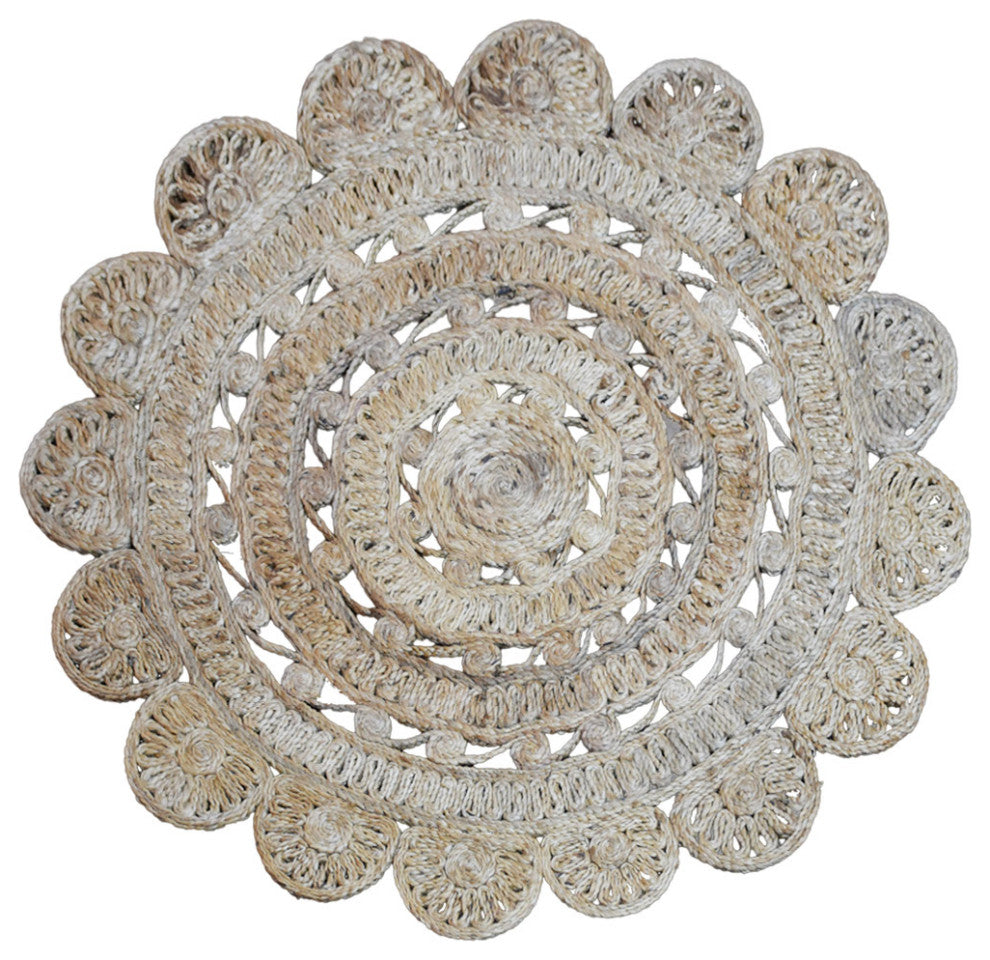 HAND WOVEN JUTE ECO-FRIENDLY SOLID AREA RUGS , Beige, Oriental, Outdoor Indoor, [Round] 5'x5'