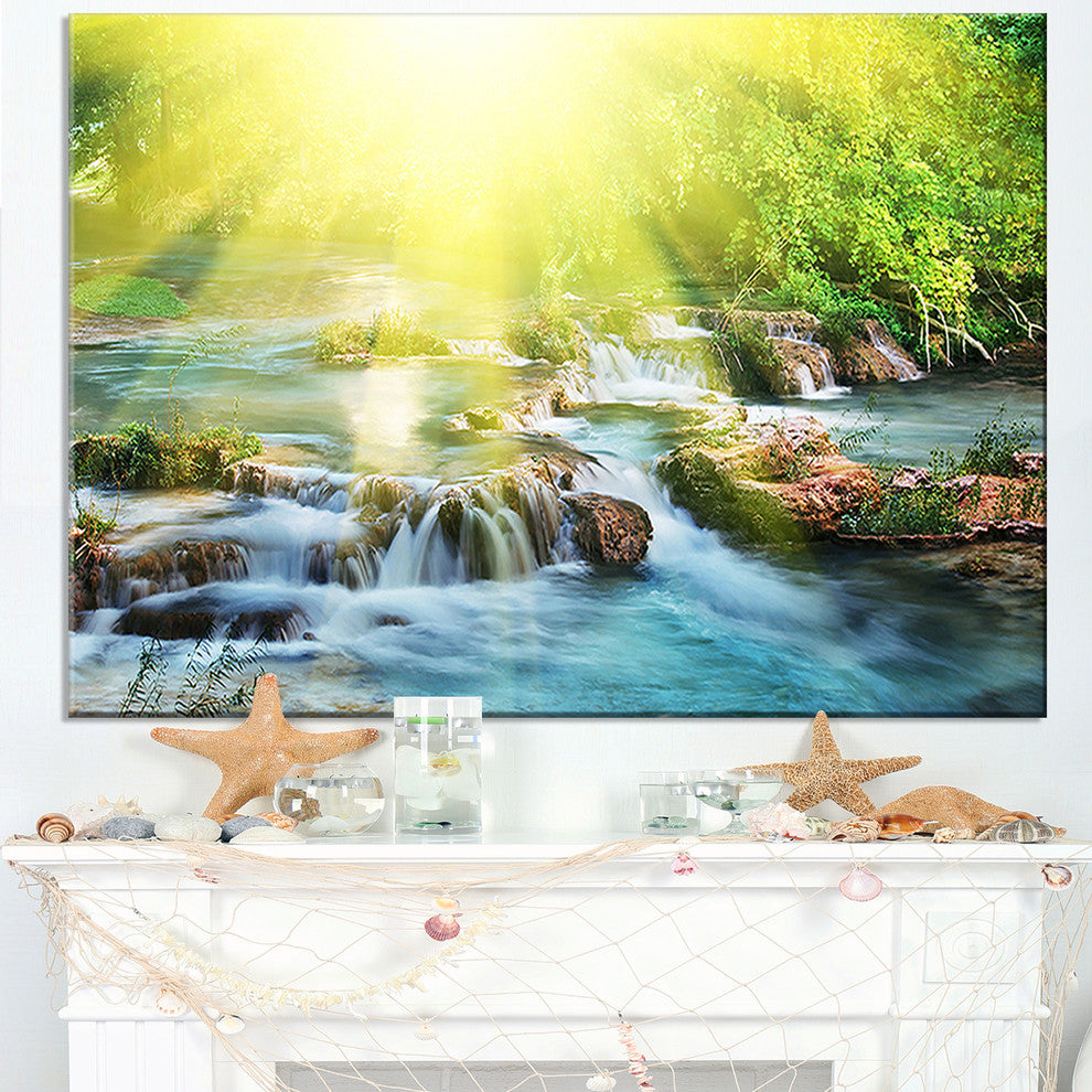 "Water Cascade Under Shiny Sun" Modern Beach Canvas Art Print, 40"x20"