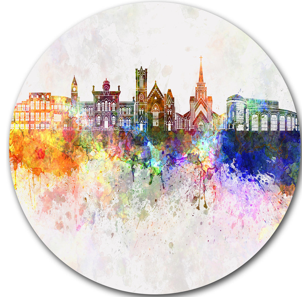 Colorful Brampton Skyline, Cityscape Painting Disc Metal Wall Art, 11"